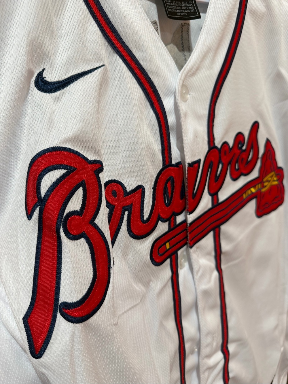 Nike White Braves Red Navy Script Baseball Jersey - Picture 3 of 4